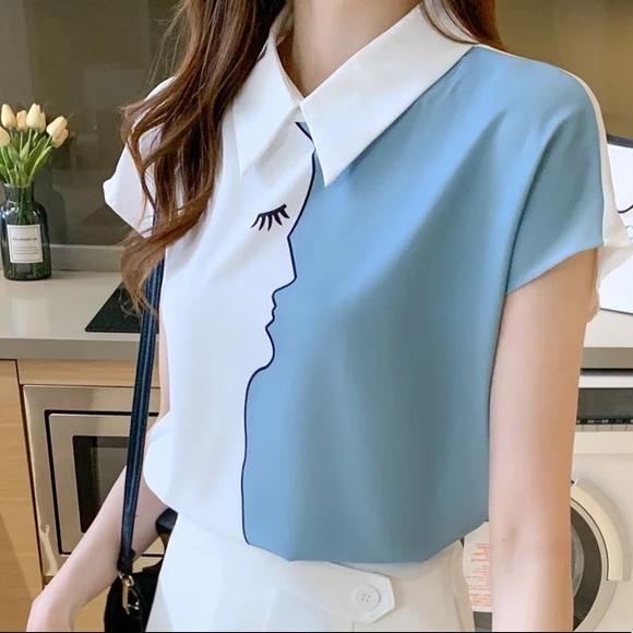 Women’s Elegant Casual Printed Top | Blouse with Stand Collar and Short Sleeve - Picture 3 of 8